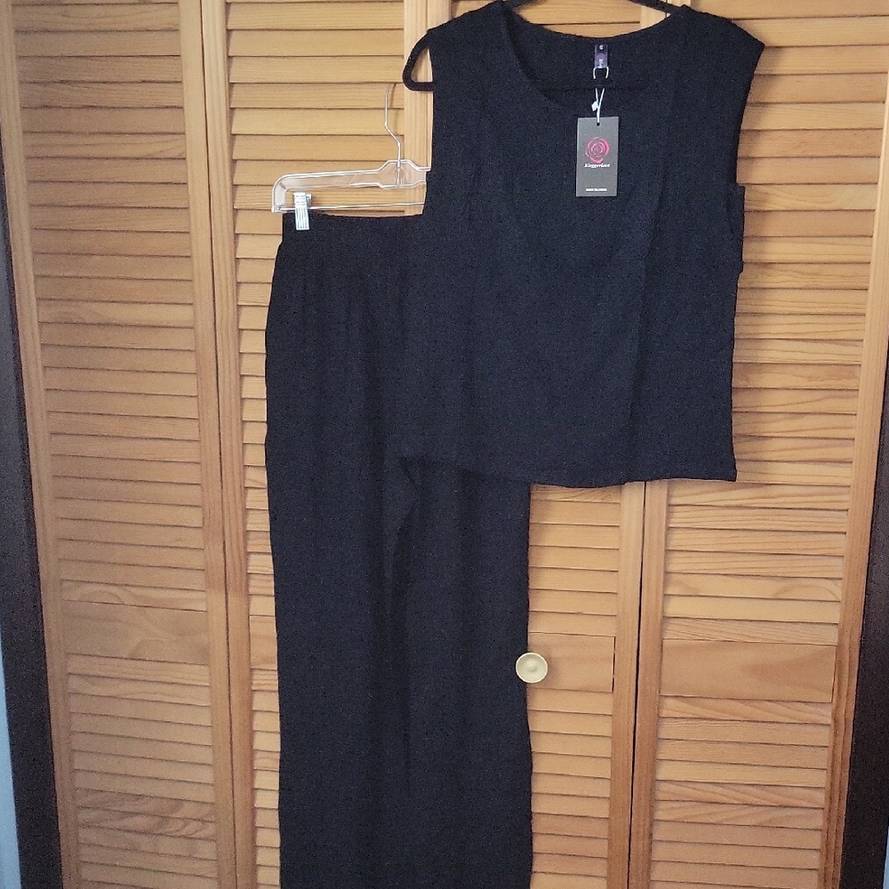 Bloggerlove NWT Black Linen Blend 2-Piece Set Travel Lounge Wide Pants Size S